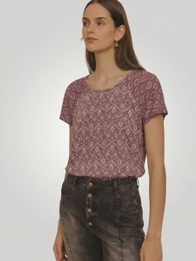 Lucky Brand Womens Large Purple Mauve Mixed Print Floral Top Back Zipper Boho